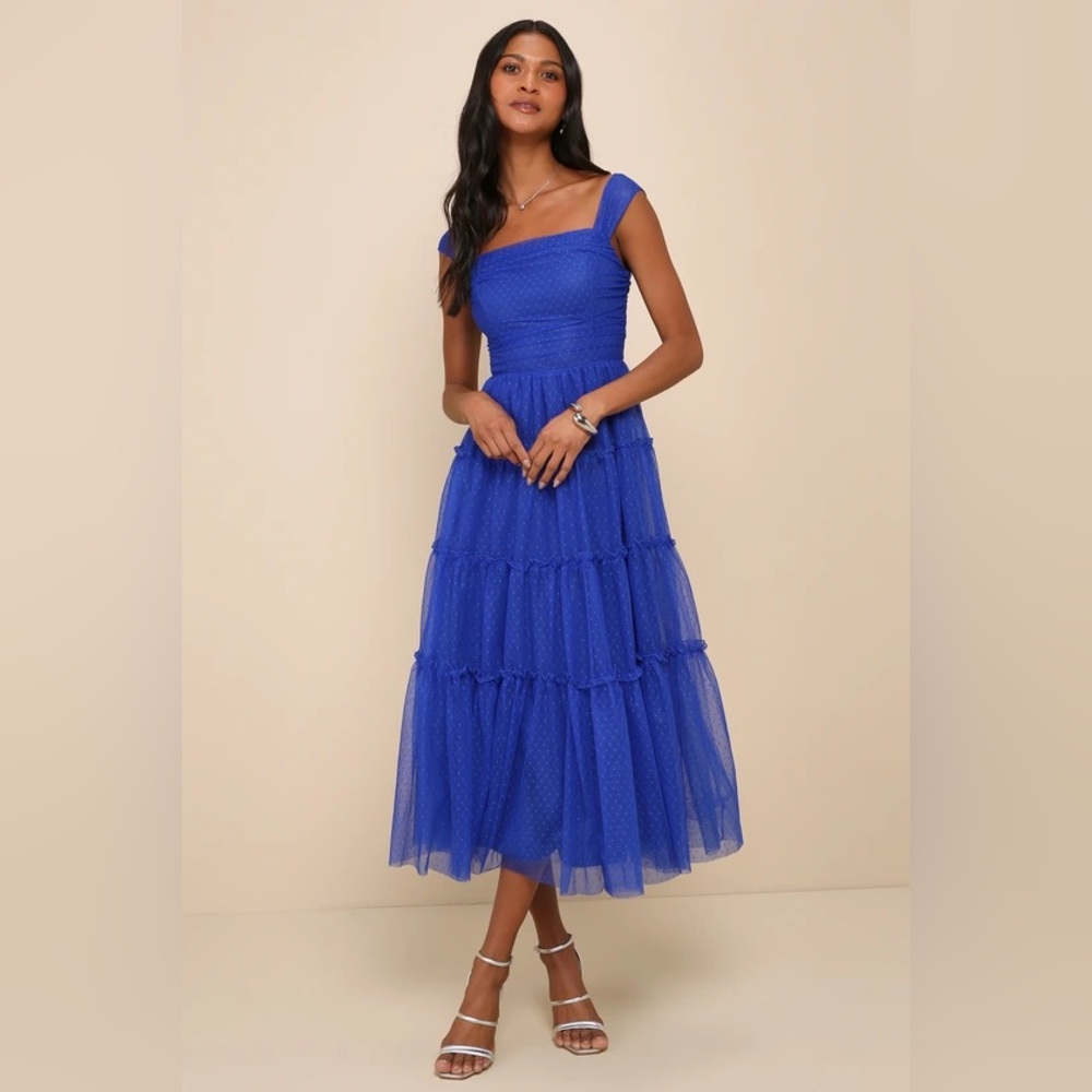 Lulus Moment of Perfection Blue Mesh Swiss Dot Tiered Midi Dress size XL